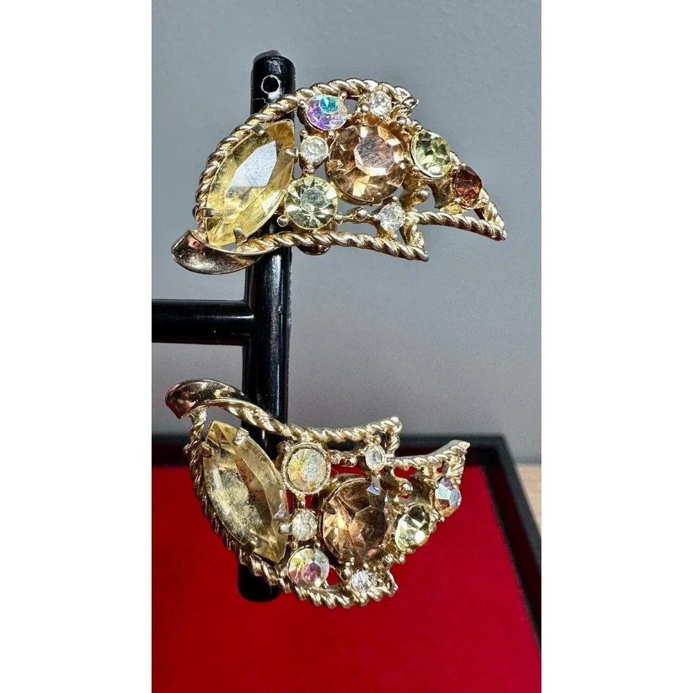 Emmons Vintage Amber Glow Rhinestone Brooch Earrings AB Set 1961